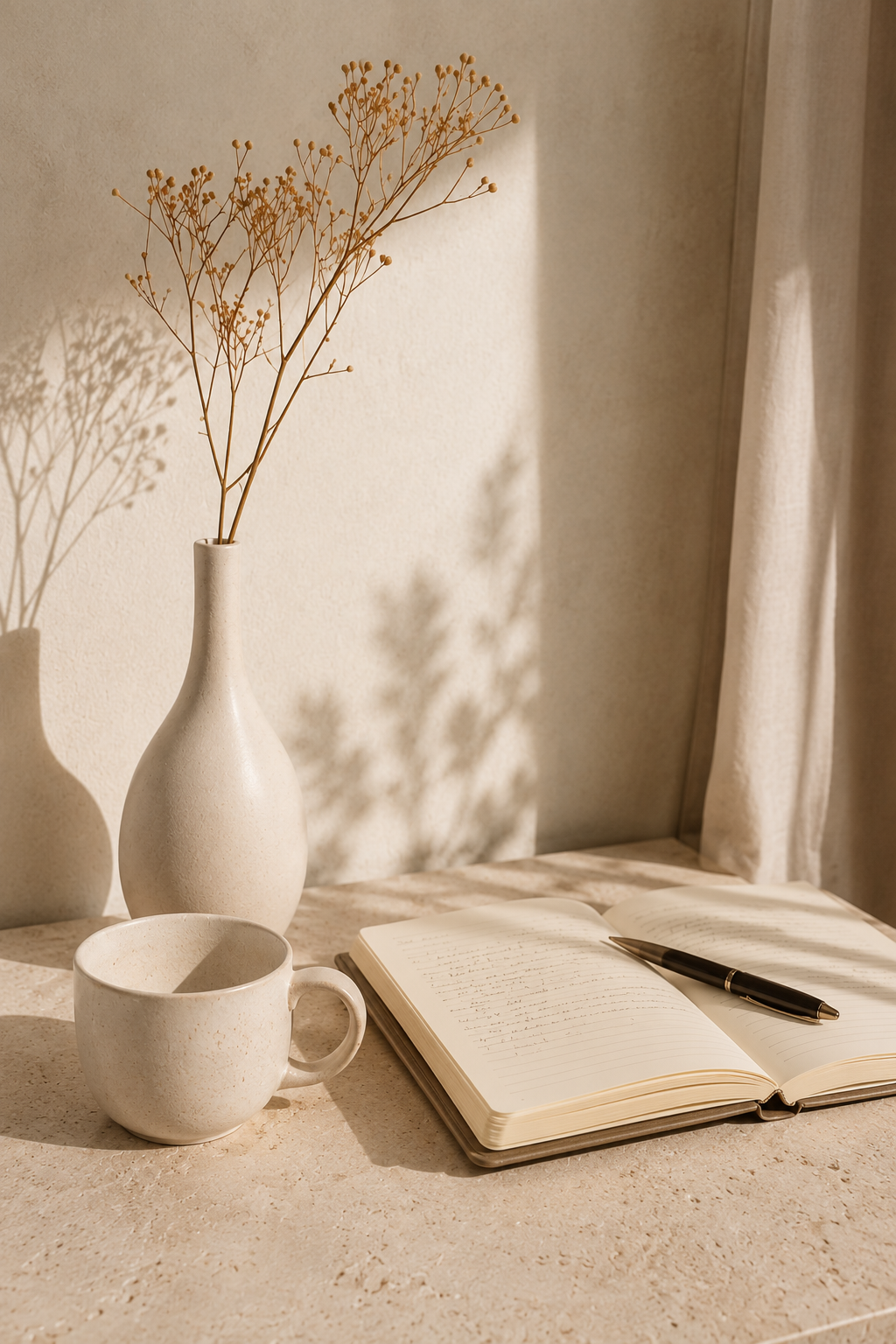 Vase mit getrockneten Blüten, Tasse und aufgeschlagenem Journal